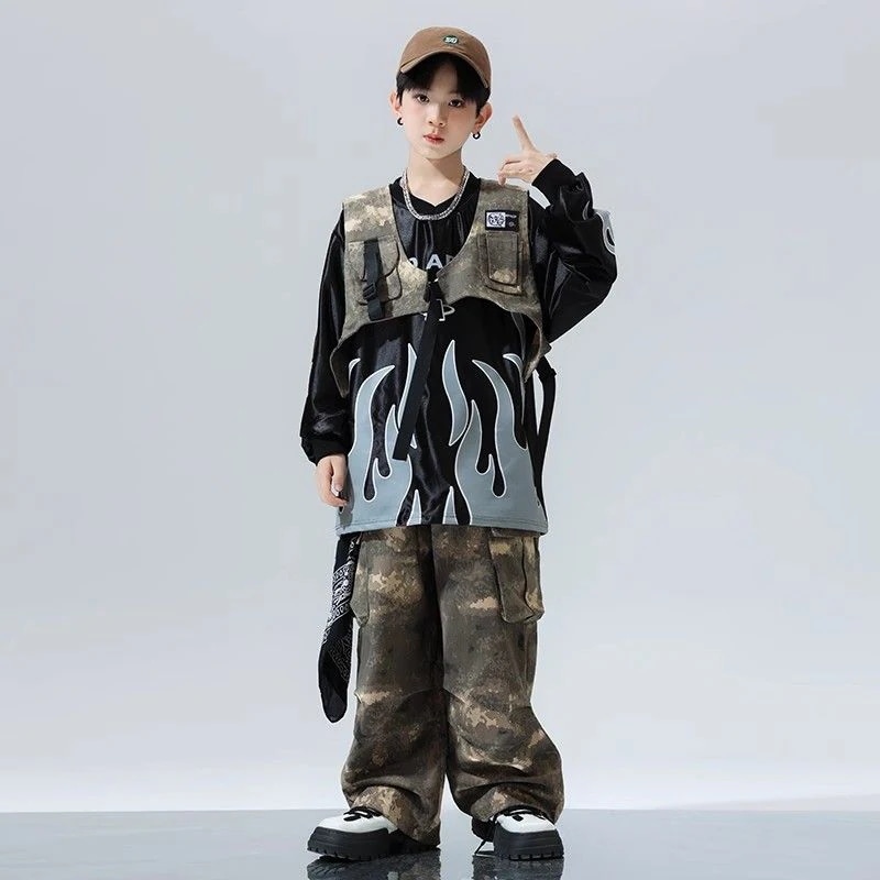 ヒップホップの子供の街のダンスのファッション服のスーツの子供のクールでかっこいいhiphop子供服の演出服の炎の迷彩の男の子のファッション服 ヒップホップの子供の街のダンスのファッション服のスーツの子供のクールでかっこいいhiphop子供服の演出服の炎の迷彩の男の子のファッション服
