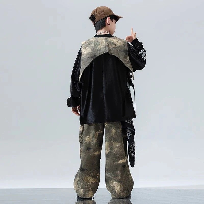 ヒップホップの子供の街のダンスのファッション服のスーツの子供のクールでかっこいいhiphop子供服の演出服の炎の迷彩の男の子のファッション服 ヒップホップの子供の街のダンスのファッション服のスーツの子供のクールでかっこいいhiphop子供服の演出服の炎の迷彩の男の子のファッション服