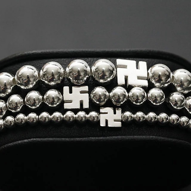 silver B-686 仏教 万字ボール ブレスレット 8mmボール9mm 万字長さ15cm