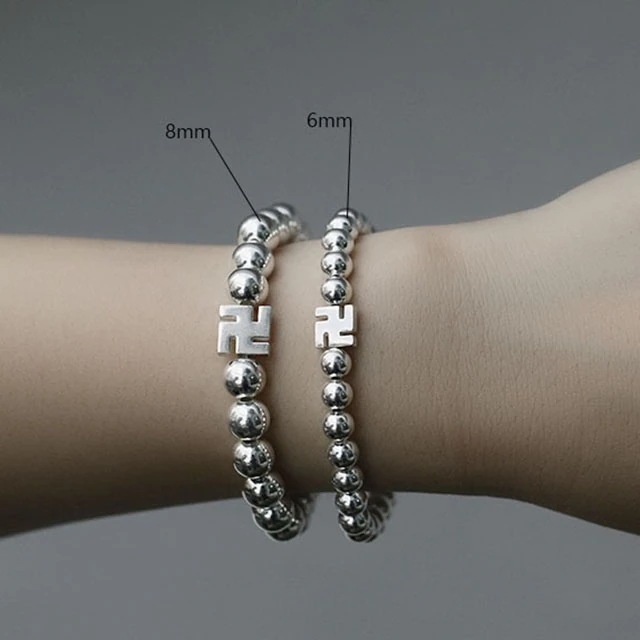 silver B-686 仏教 万字ボール ブレスレット 8mmボール9mm 万字長さ15cm