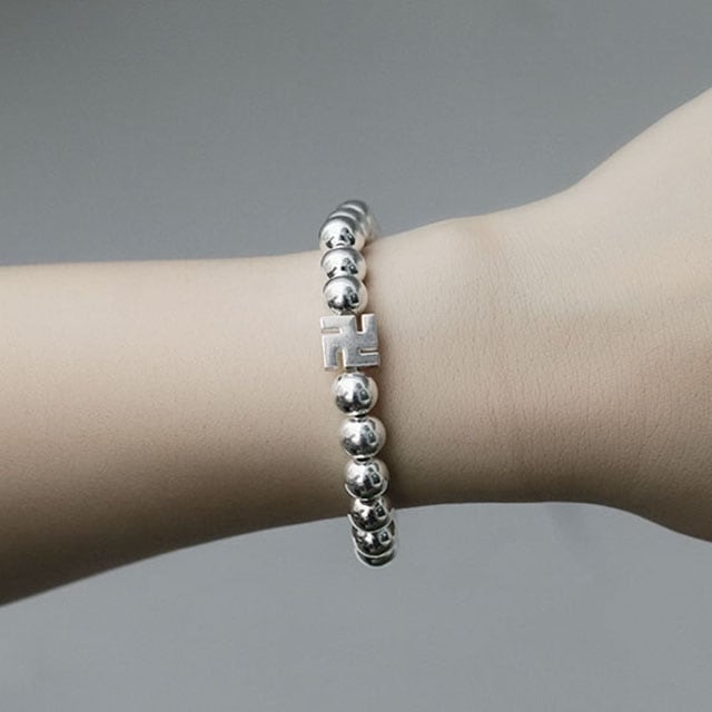 silver B-686 仏教 万字ボール ブレスレット 8mmボール9mm 万字長さ15cm