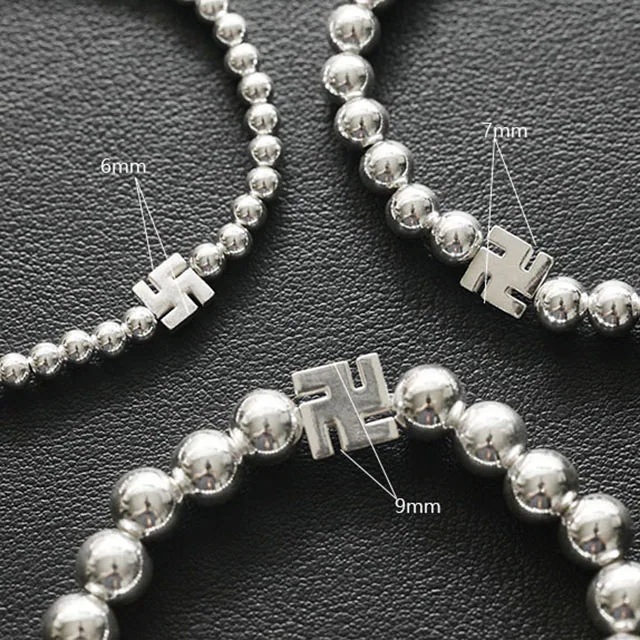 silver B-686 仏教 万字ボール ブレスレット 8mmボール9mm 万字長さ15cm