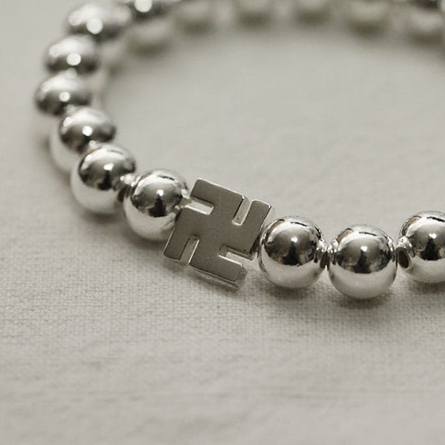 silver B-686 仏教 万字ボール ブレスレット 8mmボール9mm 万字長さ15cm