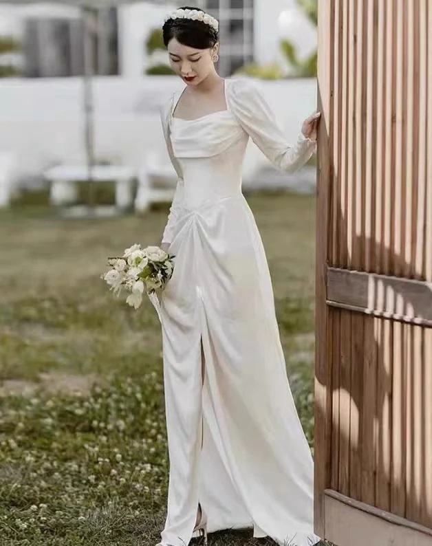 フィッシュテールのウェディングドレス 白サテンのロングドレス 二次会 結婚式ドレス パーティードレス 花嫁 フォトウエディング ビーチフォト 前撮り 後撮り 披露宴