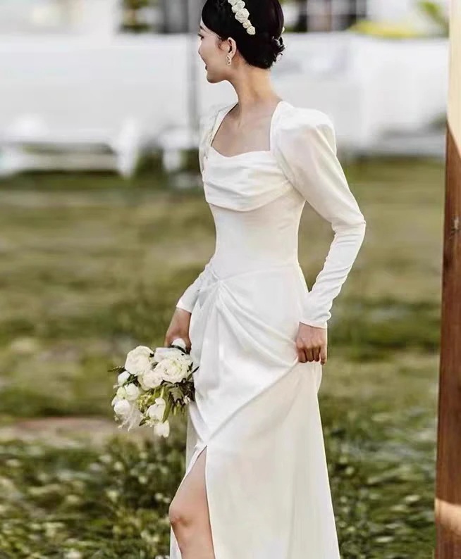 フィッシュテールのウェディングドレス 白サテンのロングドレス 二次会 結婚式ドレス パーティードレス 花嫁 フォトウエディング ビーチフォト 前撮り 後撮り 披露宴