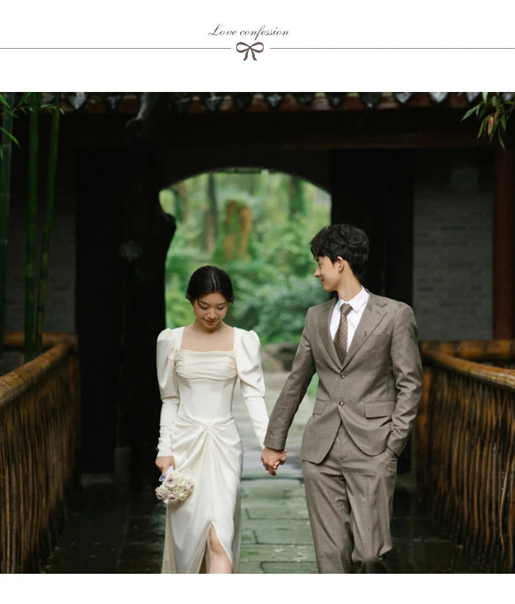 フィッシュテールのウェディングドレス 白サテンのロングドレス 二次会 結婚式ドレス パーティードレス 花嫁 フォトウエディング ビーチフォト 前撮り 後撮り 披露宴