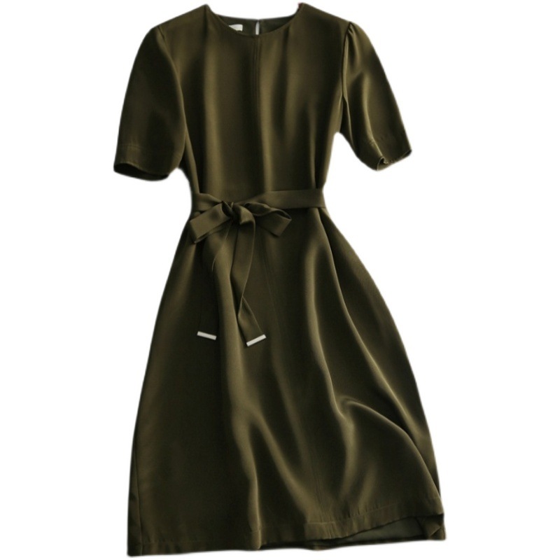 膝丈ワンピース トップス シンプル ひざ丈 袖あり 半袖 ラウンドネック スリム 細身 タイト 大人女子 大人 上品 おしゃれ きれいめ シンプル エレガント デイリーウェア レトロ レトロ風