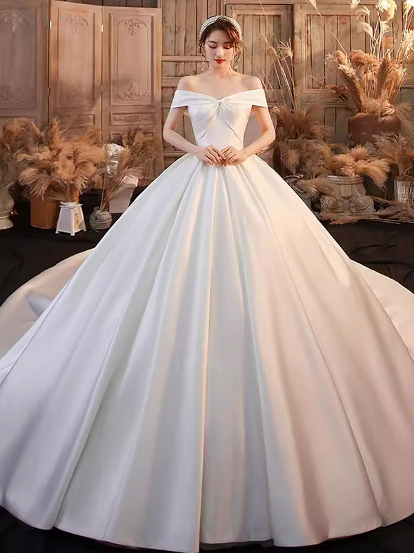 ウェディングドレス レディース 二次会 花嫁ドレス 結婚式 パーティードレス マーメイドライン レトロ オフショルダー Vネックサテン　ライドウェディング(M-0061)