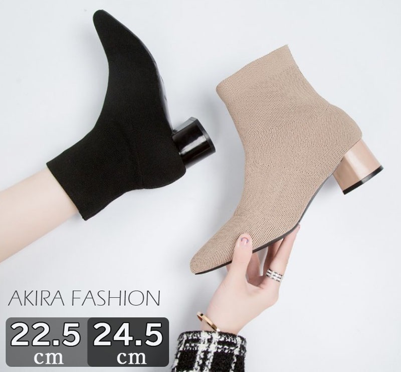 ソックスブーツ ショートブーツ レディース 秋 ブーツ 韓国 冬靴 伸縮性 ニット ポインテッドトゥ ストレッチ ショート デザインヒール 太ヒール ブラッ 4.5センチヒール