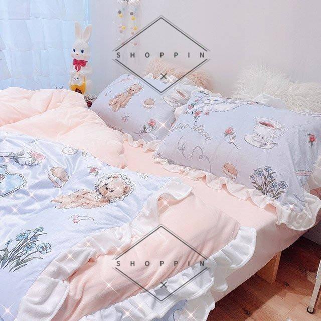 ベビーブルー 布団カバーセット フリル 寝具カバーセット 女の子 秋 冬 可愛い 3点セット 4点セット 韓国風 布団カバー 花柄 もこもこ お姫様