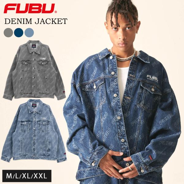 FUBU フブ デニムジャケット アウター 長袖 Gジャン メンズ レディース ブランド ロゴ 総柄 オーバーサイズ 大きいサイズ ゆったり ジージャン