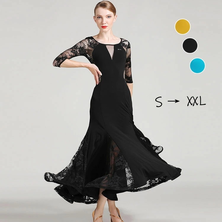 タイムセール 社交ダンスドレス バック総レース 透け感 練習着 Vネック 社交ダンス衣装 ワンピース 五分袖 裾切り替え モダンドレス スタンダード ドレス タンゴ フラメンコ 衣装 モダンダンス ワ