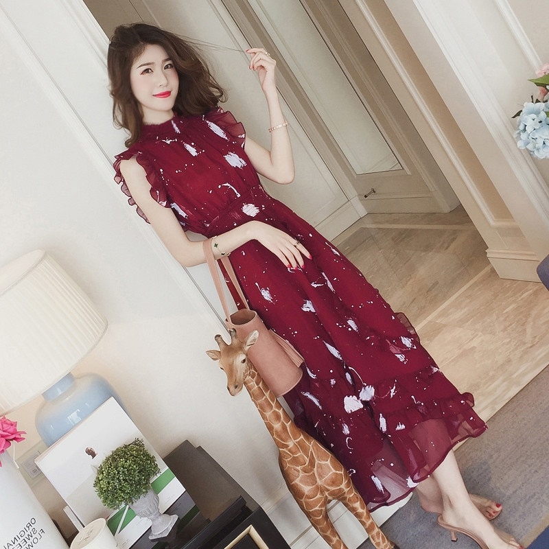 1635.花柄フリルロングワンピース（レッド）2019 春夏 sale 発表会 二次会 結婚式 パーティー お呼ばれ レストラン デート