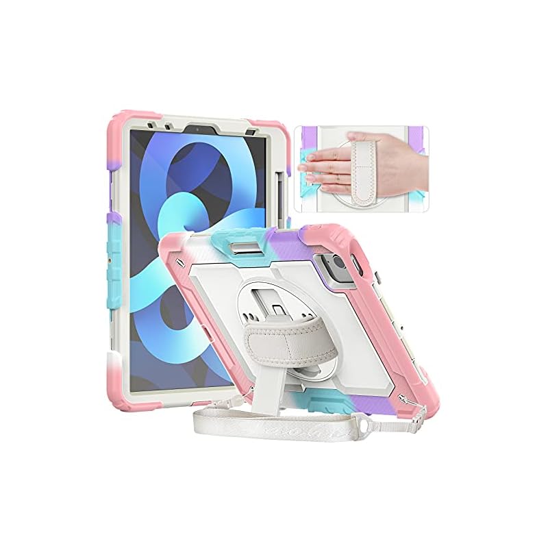 Timecity iPad Air 5 ケース 10.9インチ 2022 iPad Air4 ケース 2020 耐衝撃 保護フィルム ストラップ付き 360度 回転盤 スタンド 調節可能ハンドバンド