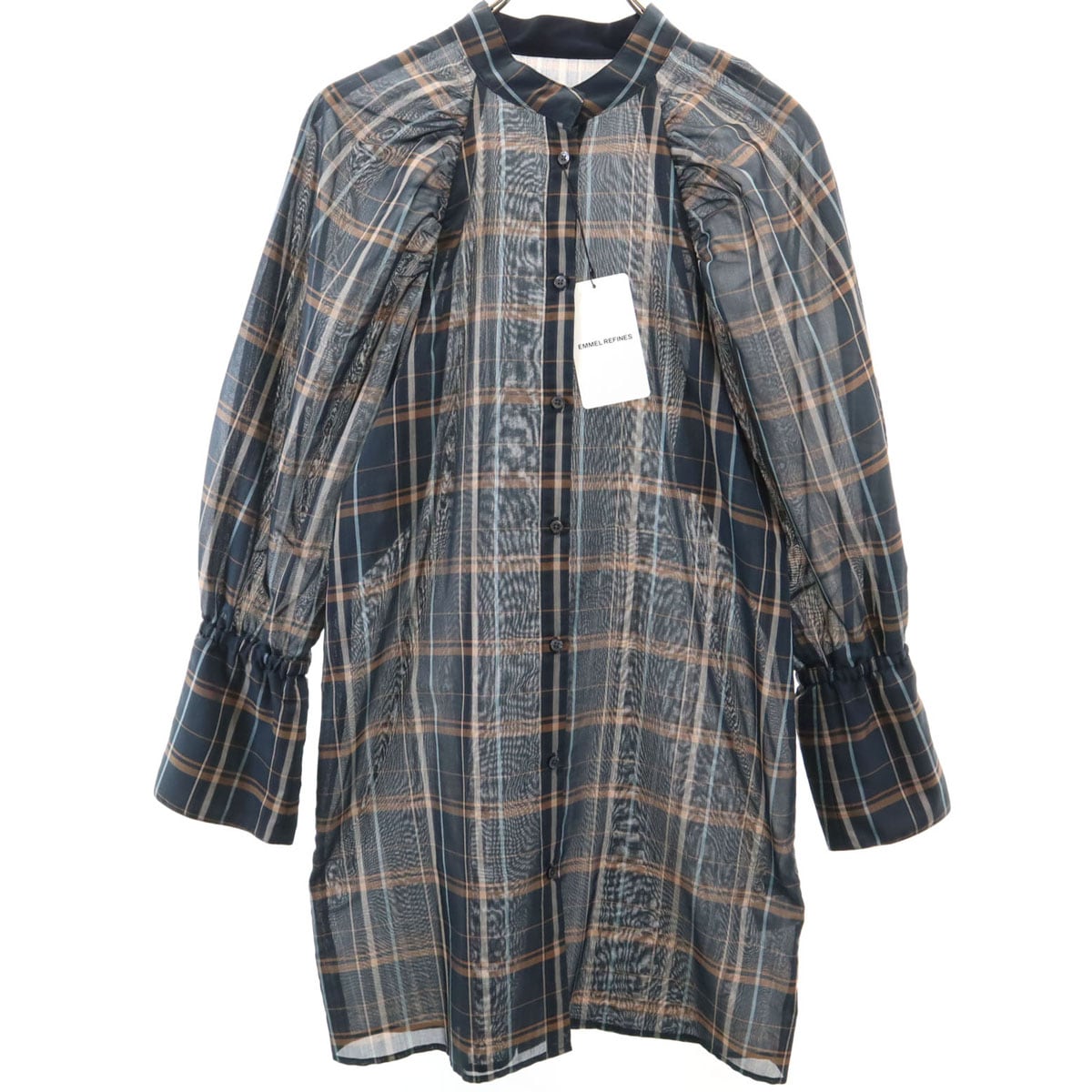 未使用 EMMEL REFINES エメル リファインズ チェック柄 長袖 シアー シャツワンピース FREE ネイビー シースルー レディース 古着