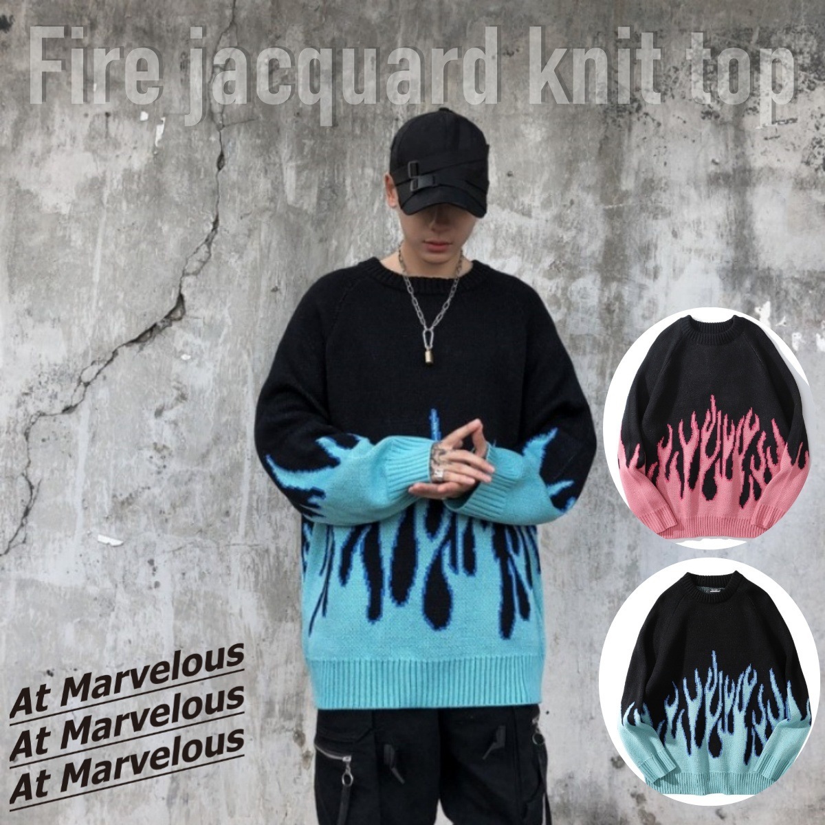 【2点購入で150OFF】[最安値保証*即納]ファイヤー フレイム ニット トップス セーター ジャカード メンズ レディース 男女兼用 ユニセックス 派手 かっこいい ストリート ジャガード