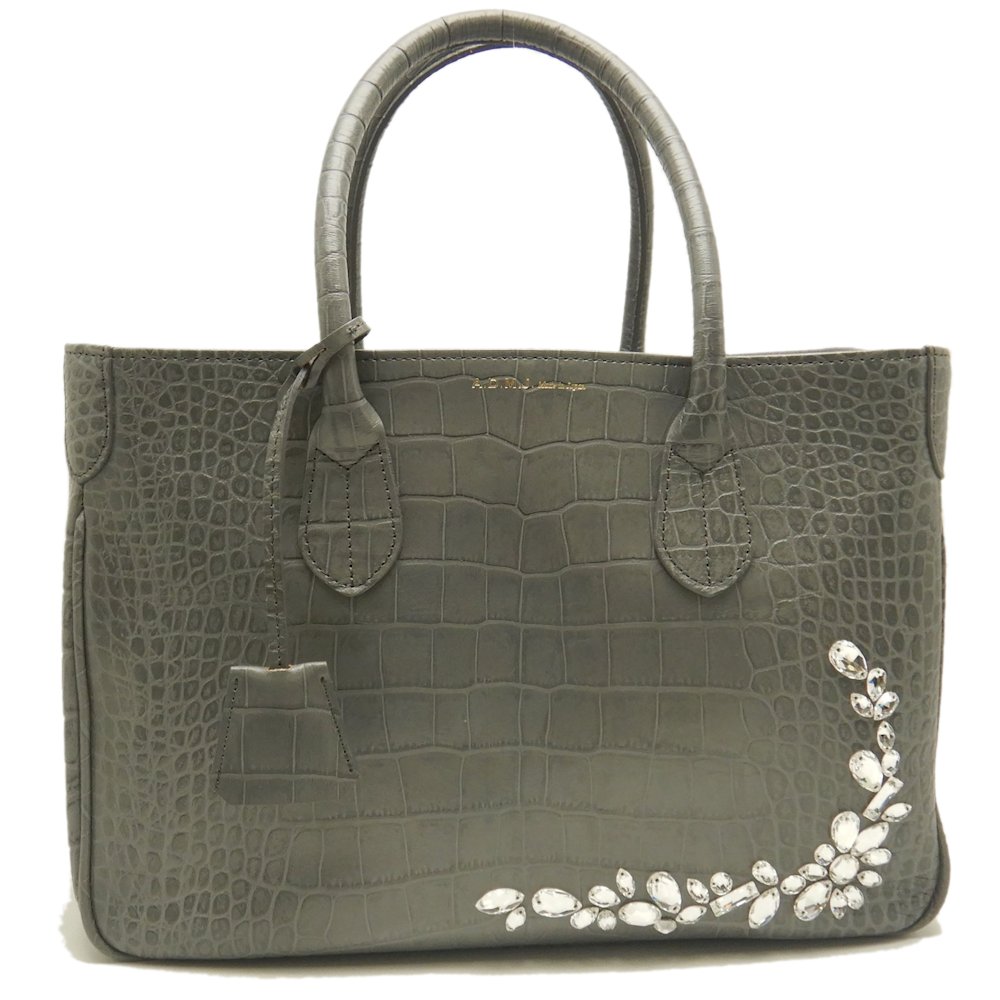 型押し ビジュー トートバッグ レザー グレー レディース /253370【中古】