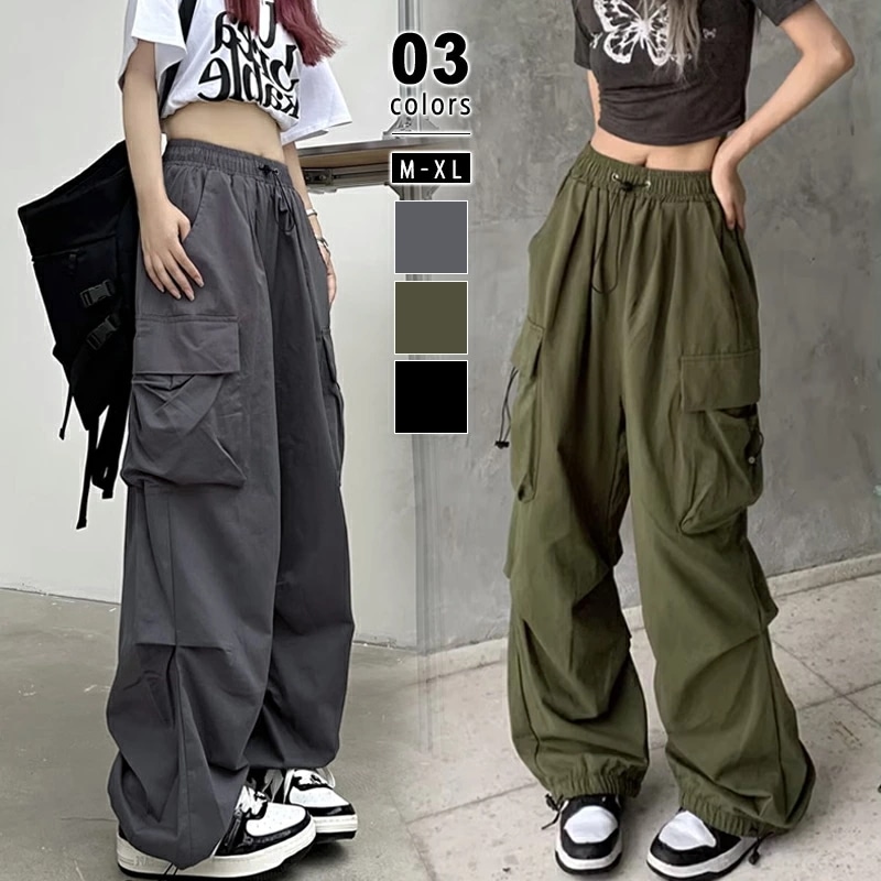 【9/25！クーポンで2,970円】 カーゴパンツ レディース ワイド パンツ パンツ ボトムス ミリタリー サイドポケット 大きい 大きいサイズ 体型カバー 裾ドローコード 太め ダンス衣装 カジュ