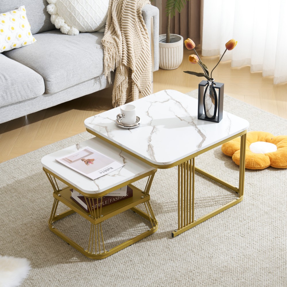 センターテーブル テーブル ローテーブル 大理石調 波紋 収納付き おしゃれ 入れ子式 正方形 2個セット 光沢感 組み合わせ自由 8,496円