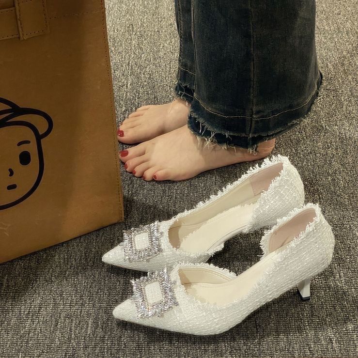 シングルシューズレディー 白 結婚靴 フランス ドリルの靴 細ヒールのハイヒール 尖ったハイヒール メディヒール
