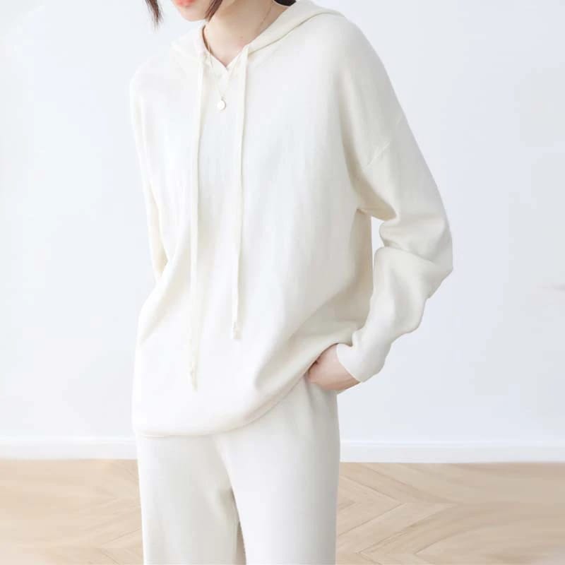 パンツロングパンツニットカジュアルセット帽子付きニット上着長袖ゆるいセーターニットパンツワイドパンツ2点セット秋