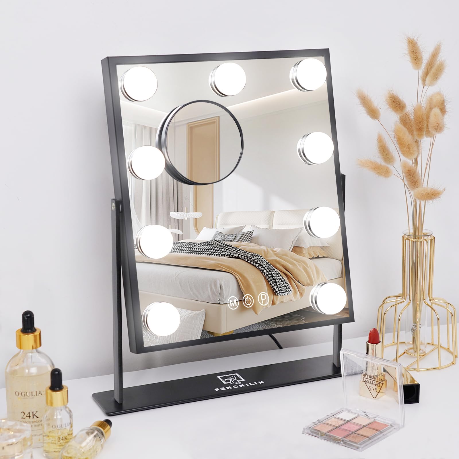 FENCHILIN 女優ミラー 卓上ミラー 化粧 鏡 卓上 ライト付き 9個高輝度LED電球 10倍 拡大鏡 付き ハリウッドミラー 三色照明モード 明るさ無段階調節 360度回転可能 10倍拡大鏡付