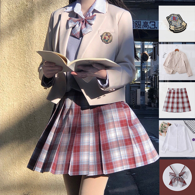 5点セット(ベージュブレザー+スカート+リボン+ブラウス+バッチ) 入学式定番ブレザー制服スクールスウィートティーン ジャケットイベントチェックスカート就職活動面接アウターコート 卒業式
