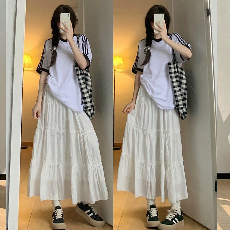 【送料無料】インスタ映え 夏 春 カントリー 学生風 キュート ガーリー カジュアル シンプル かわいい ハイウエスト 丈長 膝下 トTシャツ・カットソー