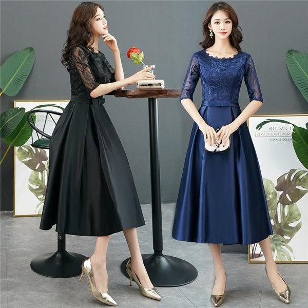 ミモレ丈ドレス パーティードレス 袖あり 発表会 成人式 結婚式 黒ドレス レディース ワンピース ミディアム 花嫁 7,618円