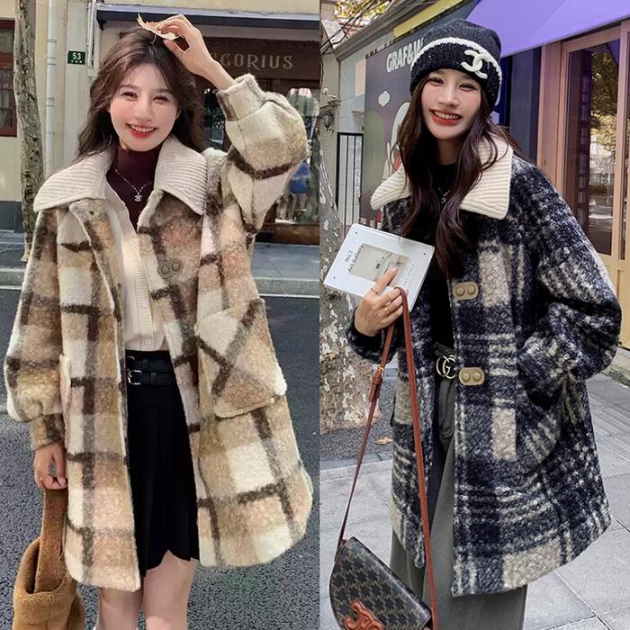 アウター ジャケット コート チェック ボア ステンカラー 羽織り レディース 大人 可愛い エレガント きれいめ カジュアル フェミニン クラシカル レトロ シンプル ナチュラル 体型カバー ベージ