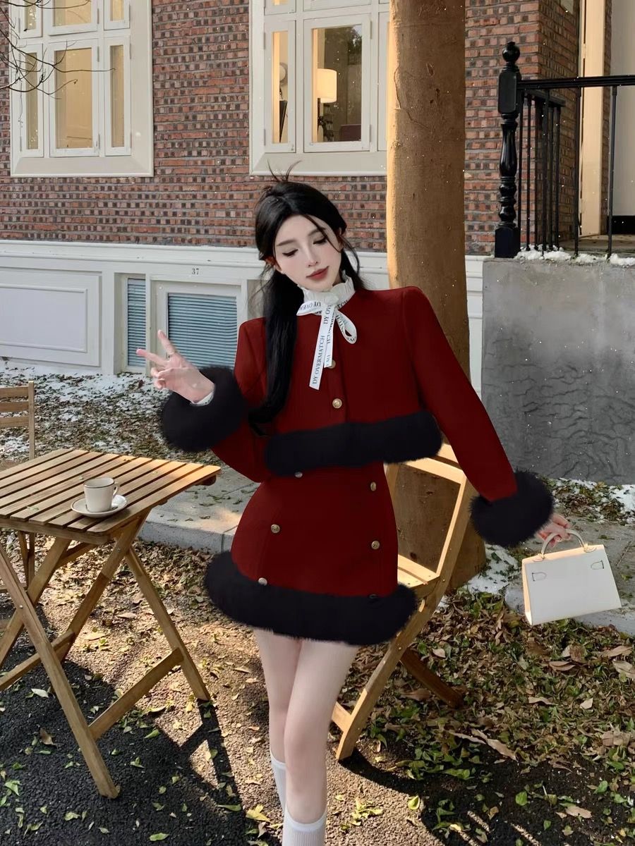 ins フレンチスタイル 韓国 ヴィンテージ スーツ コート レッド ヘアカラー パッチワーク サンタコスプレ クリスマス ハイウエストハーフスカート 秋冬