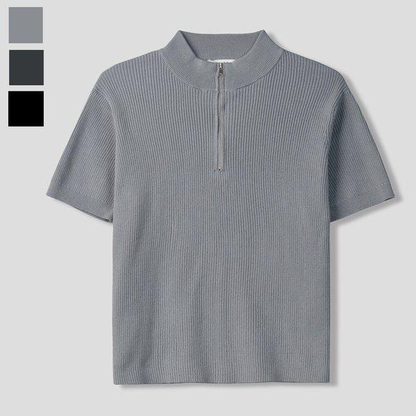 メンズハーフハーフジップ半袖ニットTシャツ GN-KNH-Q018-グレー