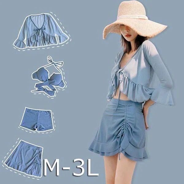 【1～3日で出荷】水着 レディースハイウエスト体型カバー フリルセパレートビキニ クロスバンド 羽織スカート露出控えパッド付 大きいサイズ 海 プール