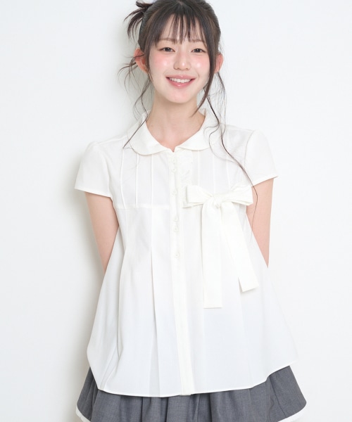 【ILLIGO】 RIBBON PLEATED SHORT SLEEVE BLOUSE WHITE 正規品