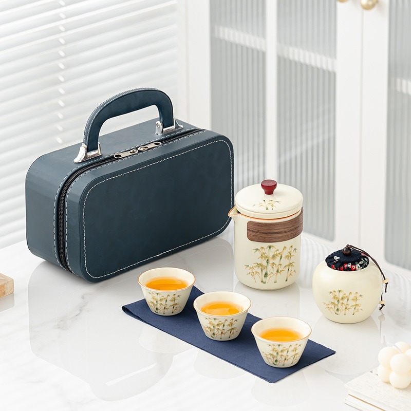 旅の茶器セット繁花汝窯カンフー1ポット複数杯ポータブルエクスプレスカップアウトドア茶器お土産