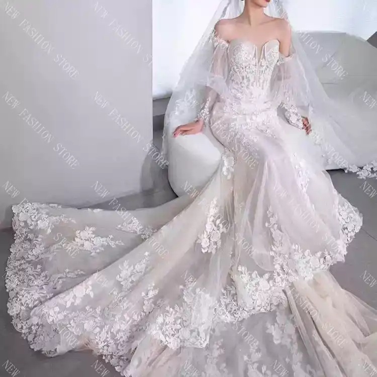 マーメイドチューブトップレースフレンチライトウェディングドレス-13