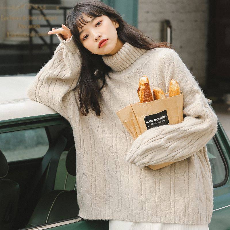 人気なリプニット タートルネックニット 裏起毛 厚手 ツイスト 怠惰風 セミロング セーター ゆったり カジュアル ニットカーディガン カシミヤタッチ