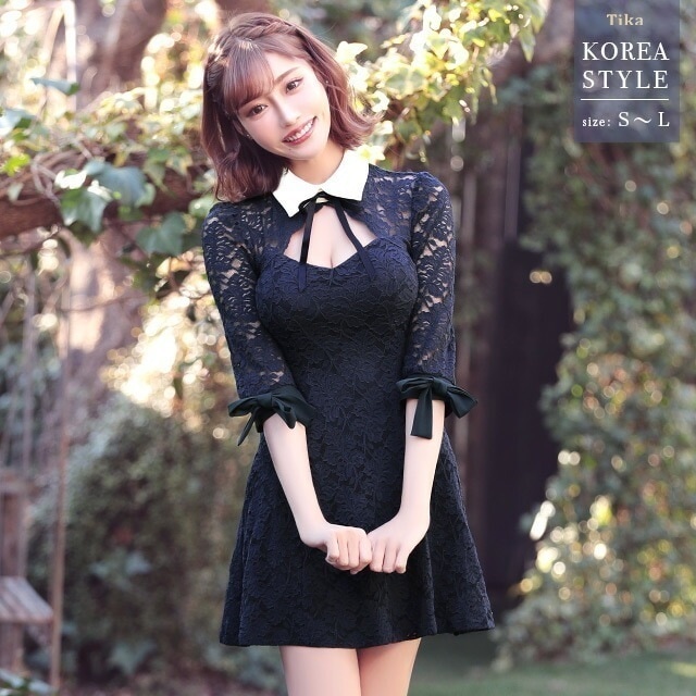 韓国 キャバ ドレス キャバドレス 袖あり 長袖 大人 ミニ 膝丈 ミニドレス 明日花キララ リボン キャバ ドレス レース フレアドレス 大きいサイズ キャバ嬢 キャバクラ ミニワンピ 可愛い 激