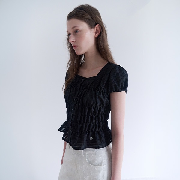 SQUARE NECK CHECK BUTTON BLOUSE BLACK