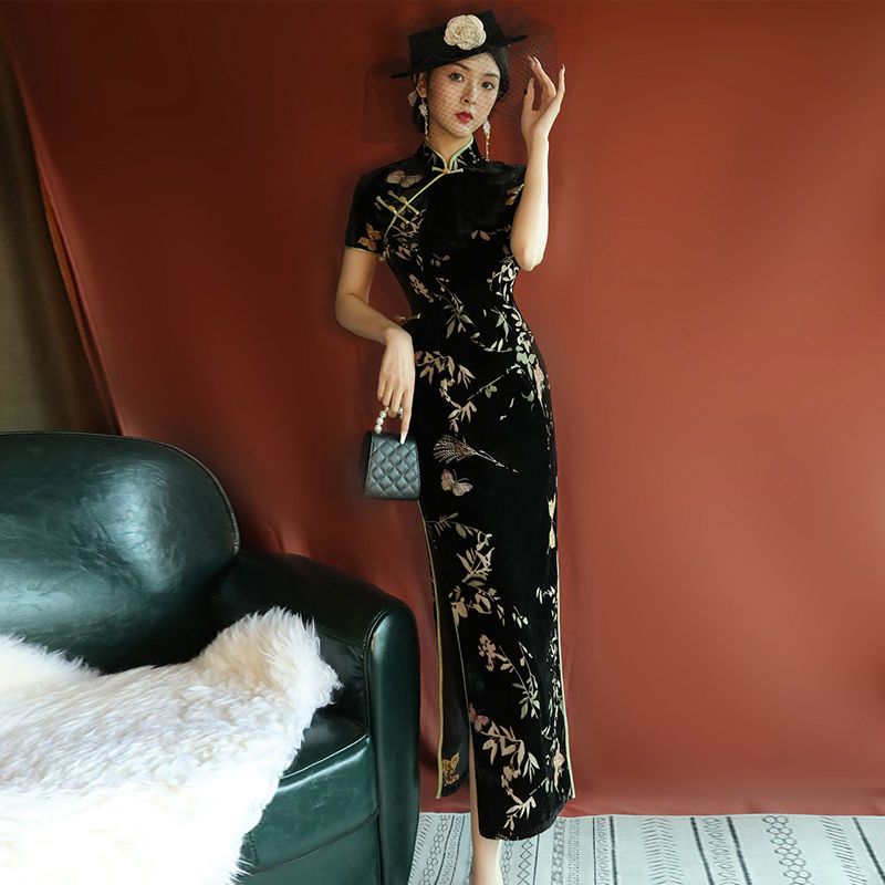チャイナドレスロングレトロオールド上海サマーベルベット2025 改良版エレガント婦人服