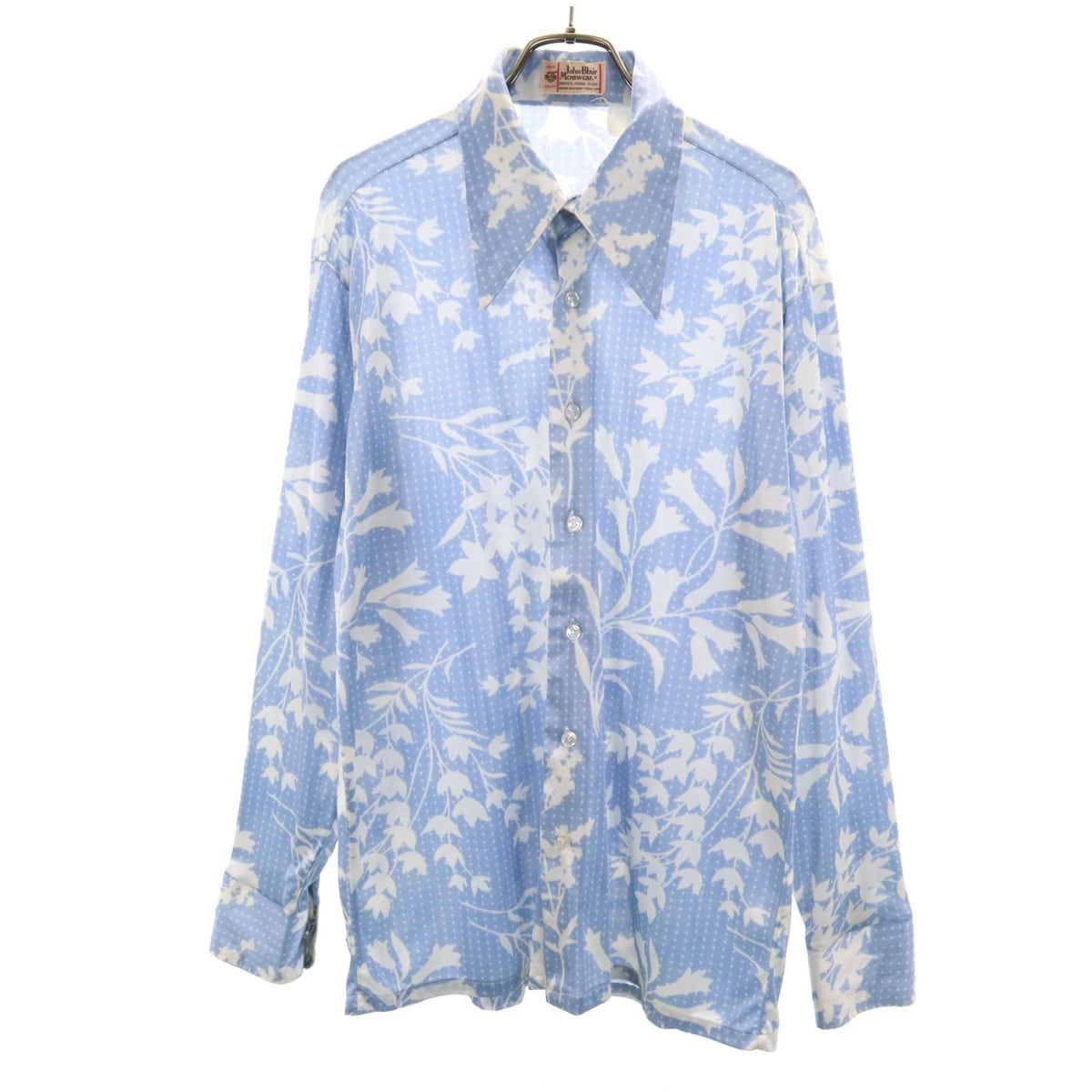 John Blair Menswear 70s ヴィンテージ 衿芯 総柄 長袖 ボタンダウンシャツ ブルー メンズ 古着