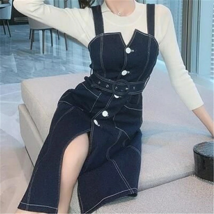 デニムワンピース レディース カジュアル おしゃれ 膝丈 デニムスカート ジャンパースカート ワンピース ひざ丈 フロントボタン スリット カジュアル お出かけ デート レジャー ブルー かっこいい