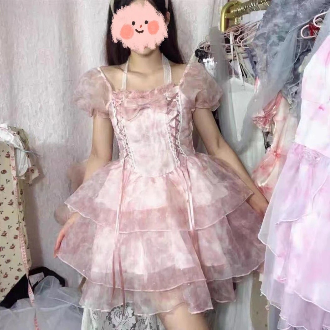 ロリータ かわいい プリンセススカート ハイテンション パフスリーブワンピース 夏 ケーキポンポンスカート ワンピース