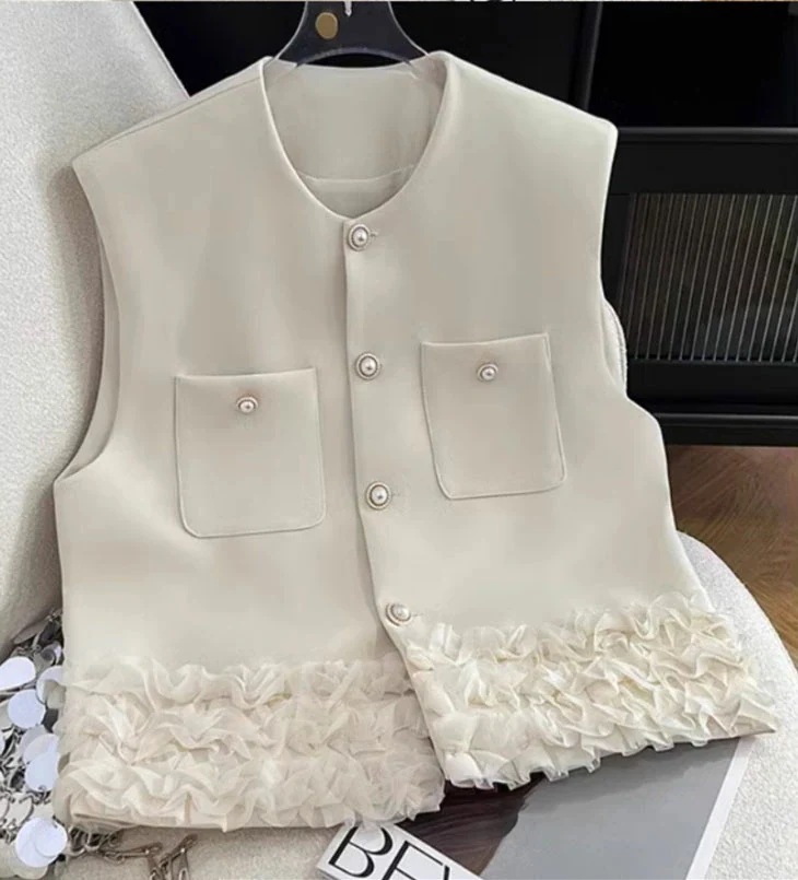 利用で40%OFF シングルブレスト ベスト レディース 重ね着 レイヤード 裾レース レース 上品 きれいめ ラウンドネック トップス アウター シンプル ビジネス オフィス フォーマル 韓国ファ