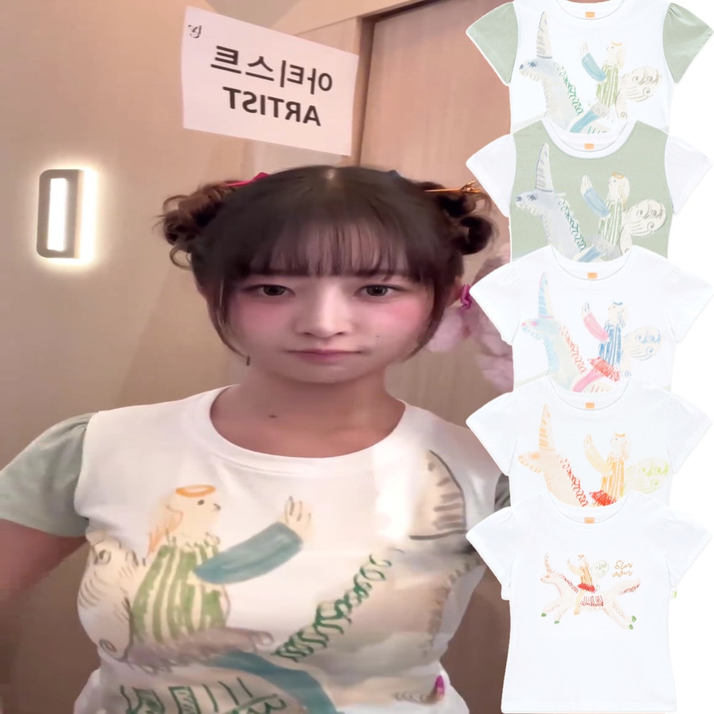 IVE レイ 着用/フラワー 半袖 ラウンドネック Tシャツカットソー [5タイプ]