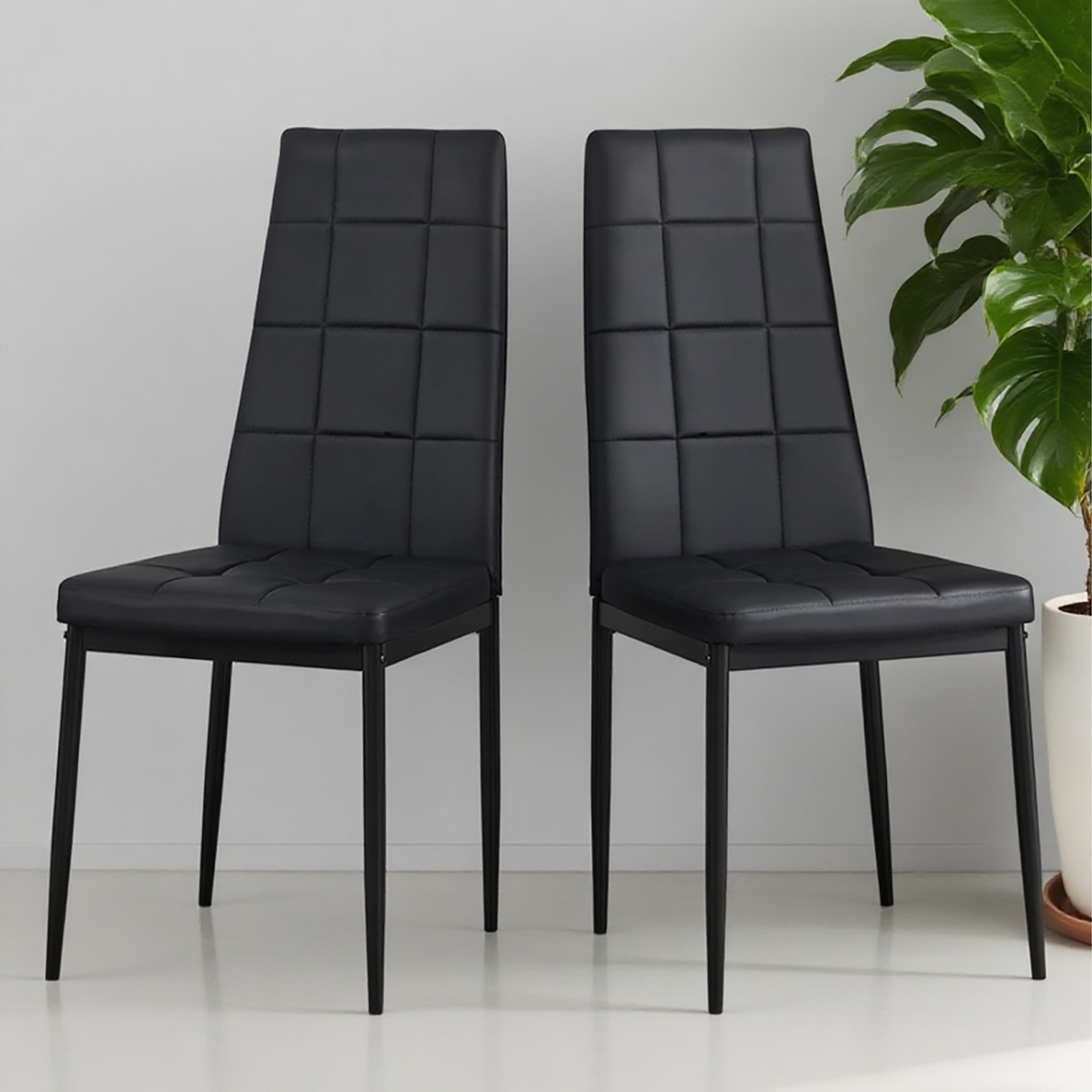 [国内発送 送.料無料]A57PUレザーダイニングチェア ハイバック ボックスステッチデザイン シンプルモダン 家庭用【ブラック2脚セット】