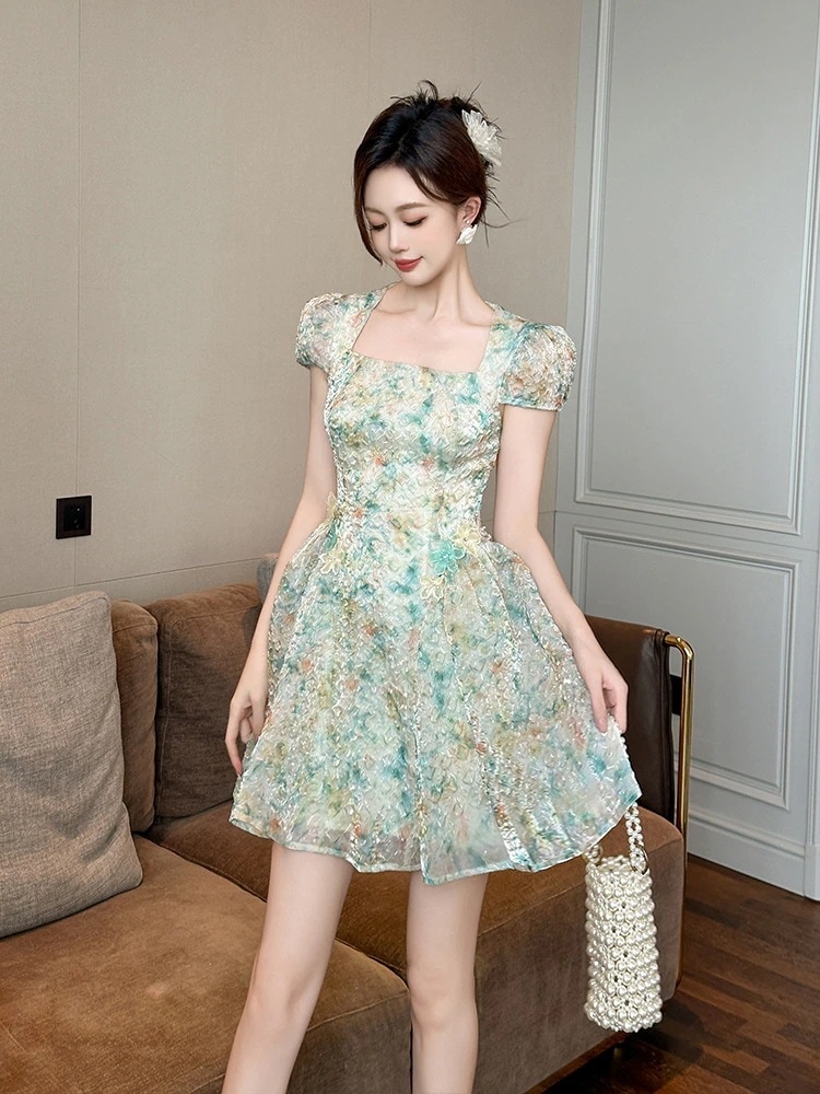 2024夏新品 森ガール 花柄 ショート ドレス パーティー キャバ 大人 同窓会 披露宴 卒業式 結婚式 演奏会 ウェディング 二次会 メガ割30%までに制限