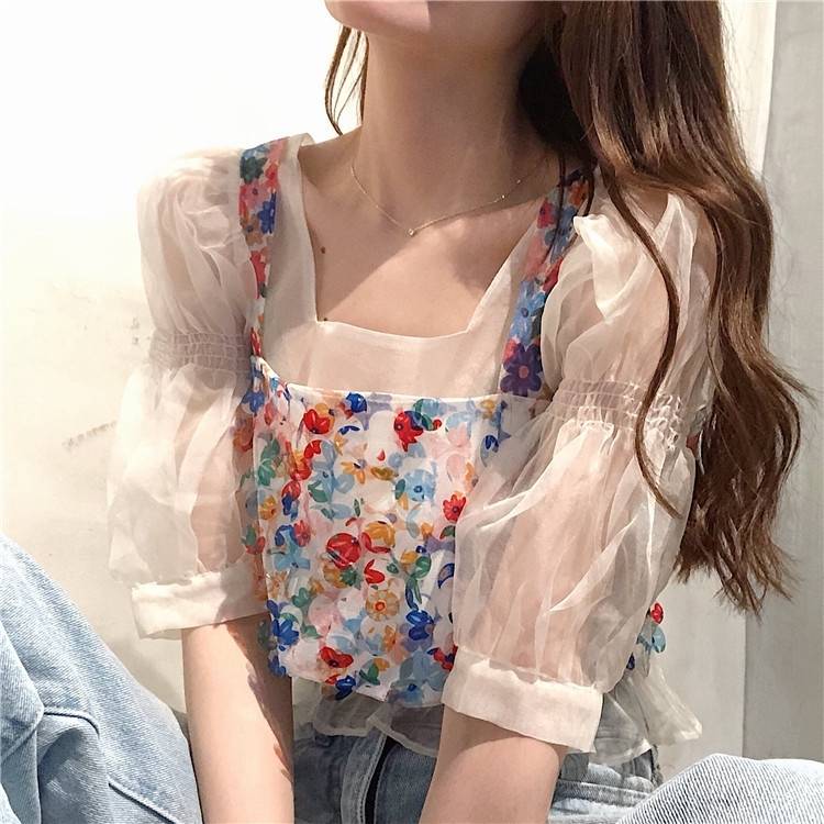 カットソー トップス ビスチェ Tシャツ シアー ツーピース 5分袖 体型カバー スクエアネック パフスリーブ ホワイト マルチカラー カラフル フラワー こなれ感 キュート ガーリー フェミニン 大 5,282円