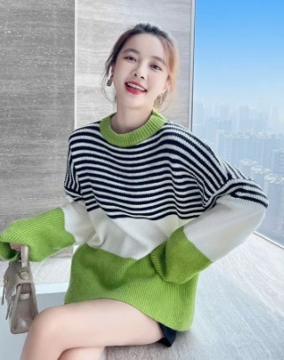 カラフルボーダー柄長袖ニット トップス ニット 長袖 ロング丈 ゆったり S M L XL ポップ 爽やか かわいい シンプル カジュアル 上品 おしゃれ かっこいい レトロ アジアン 可愛い