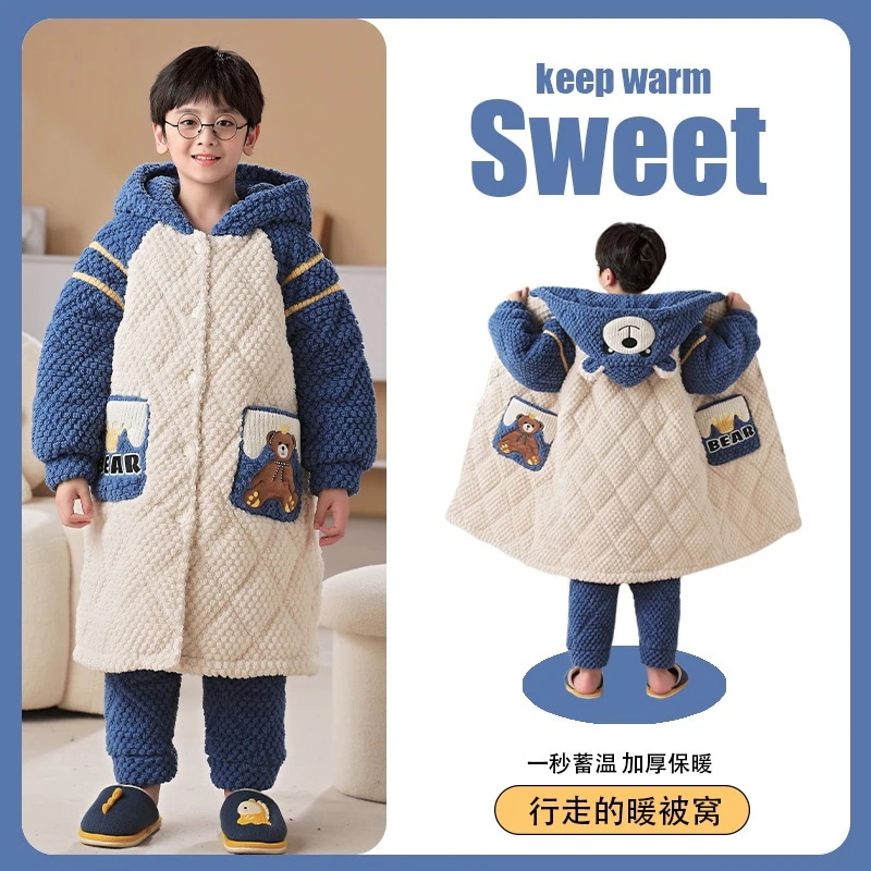 通学 男の子用スリーパー冬の3層綿入り保温連帽長さ厚めサンゴ絨毯フランネル子供用パジャマ 保育園 小学部
